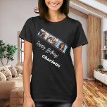 Photo collage film name birthday woman black t shirt<br><div class="desc">For a black/dark colored t-shirt. Personalize and add a name and 3 photos inside the film roll frame. White text.</div>