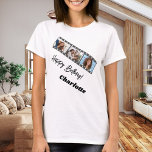Photo collage film name birthday woman t shirt<br><div class="desc">For a white/light colored t-shirt. Personalize and add a name and 3 photos inside the film roll frame. Black text.</div>