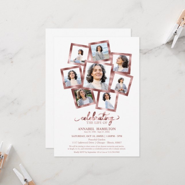 Photo Collage Firande of Life Funeral Inbjudningar (Fram/Back In Situ)