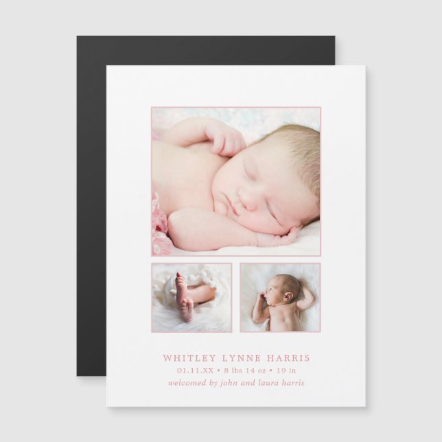 Photo Collage Flicka Birth Announcement Magnet (Fram/baksida)