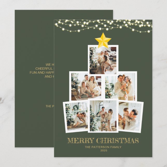 Photo Collage Forest Green String lights Christmas Julkort (Fram/baksida)