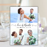 Photo Collage (fotosamling) med Kärlek och tack<br><div class="desc">Modern, Elegant, Kärlek och tack 3 Photo Collage Bröllop - tackkort. Snyggt bröllop tackar dig för att du har en kortmall med tre (3) foto på framsidan och ett (1) foto på baksidan. Med texten "Kärlek och tack" i ett snabbt, kursivt, handskrivet calligrafi eller typografi i svart på vit bakgrund....</div>
