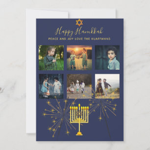 Photo Collage Hanukkah Modern Blue Mauve Guld Julkort