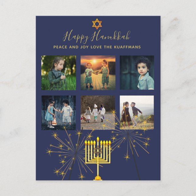 Photo Collage Hanukkah Postcards Modern Sparklers Helg Vykort (Framsida)
