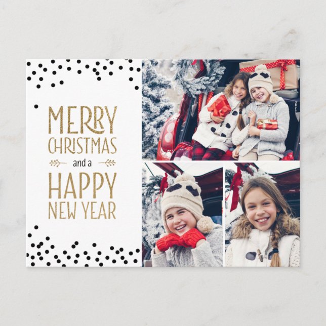 Photo Collage Helgdag Card Design White Black Guld Vykort (Framsida)