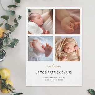 Photo Collage Modern Guld Script Boy Girl Birth Meddelande