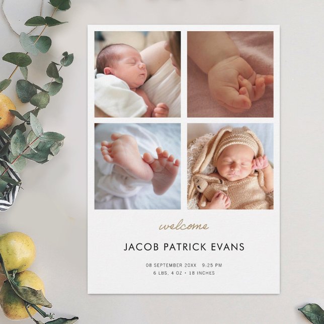 Photo Collage Modern Guld Script Boy Girl Birth Meddelande (Skapare uppladdad)