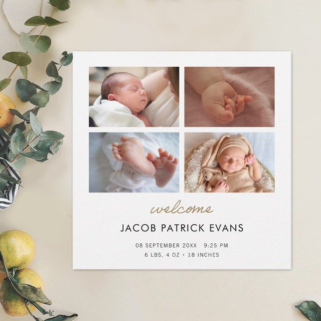 Photo Collage Modern Guld Script Boy Girl Birth Meddelande (Skapare uppladdad)