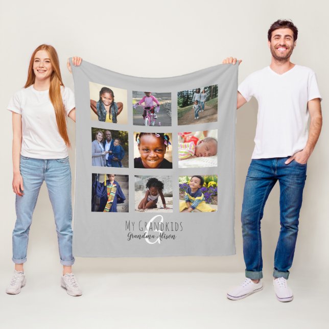 Photo Collage Monogram Grandparent Barnbarn Grått Fleecefilt (På plats)