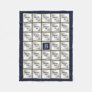 Photo Collage Monogram Guld Ram Editable Blue Fleecefilt