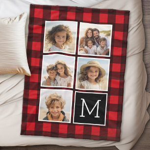 Photo Collage Monogram Red Black Buffalo Play Fleecefilt
