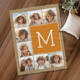 Photo Collage Monogram Rustic Kraft och Orange Fleecefilt
