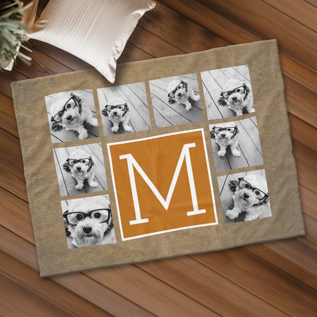 Photo Collage Monogram - Rustic Kraft och Orange Fleecefilt (Custom Fleece Blanket - Add Photos and Text)