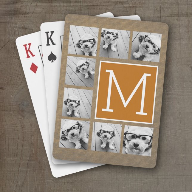 Photo Collage Monogram - Rustic Kraft och Orange Spelkort (Personalized Playing Cards)