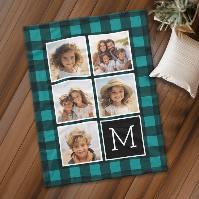 Photo Collage - Monogram Teal Black Buffalo Play Fleecefilt (Personalized fleece blanket with 5 photos and a monogram)