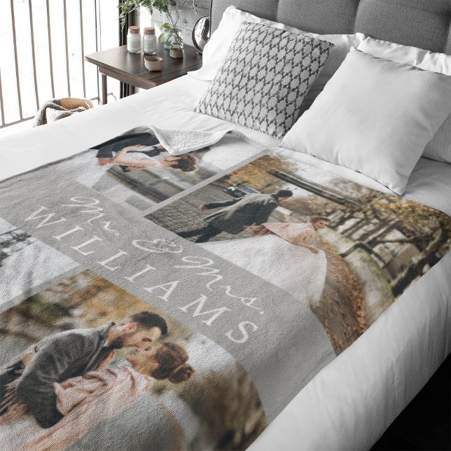 Photo Collage Mr & Mrs Newlyed Monogram Grått Fleecefilt (Celebrate your recent marriage with this 4 photos monogrammed fleece blanket.)