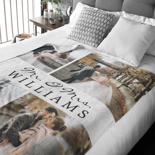 Photo Collage Mr & Mrs Newlyed Monogram White Fleecefilt (Celebrate your recent marriage with this 4 photos monogrammed fleece blanket.)