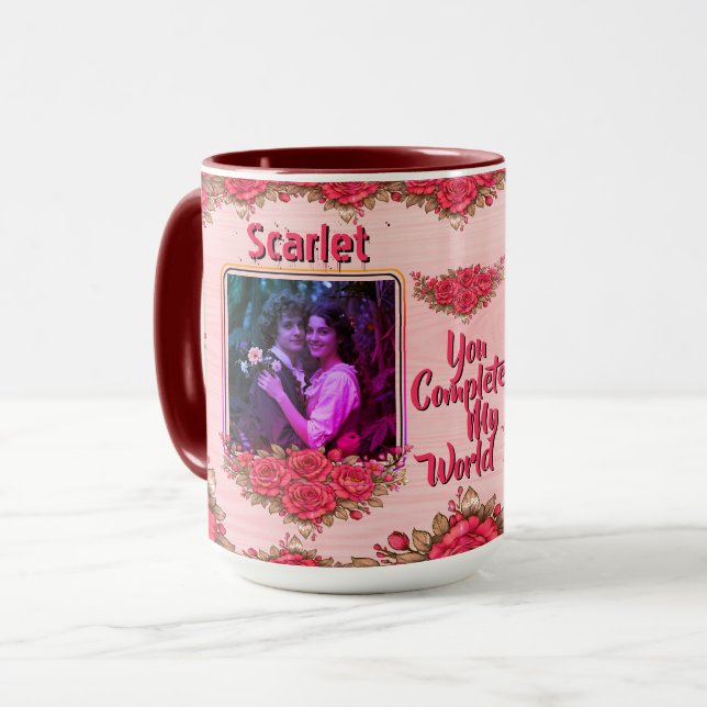 Photo Collage  Name Valentine's Day Floral Coffee Mugg (Framsida vänster)