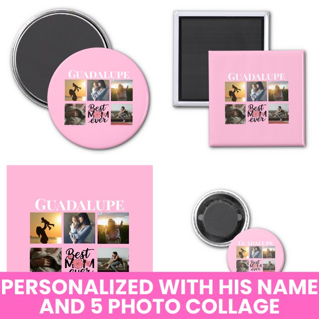 Photo Collage och Mamma Namn Rosa Magnet (Photo Collage and Mom's Name Pink Magnet
)