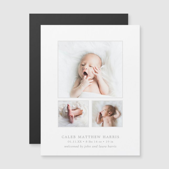 Photo Collage Pojke Birth Announcement Magnet (Fram/baksida)