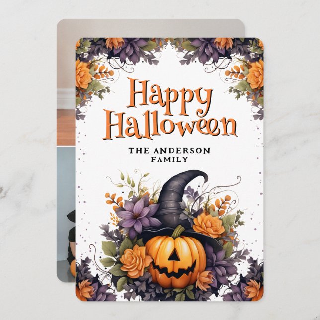 Photo Collage Pumpkin Witch Halloween-kort Julkort (Fram/baksida)