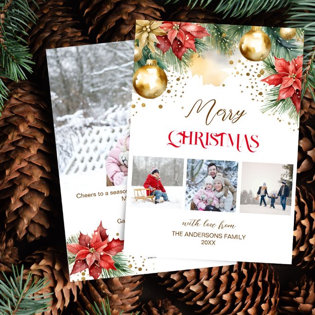 Photo collage red guld poinsettia jul julkort (Photo collage red gold poinsettia Christmas Holiday Card photo card watercolor pines gold baubles)