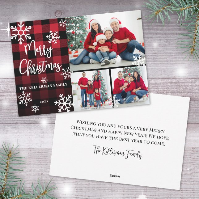 Photo Collage Red Play God jul Julkort (Photo Collage Red Plaid Merry Christmas Holiday Card)