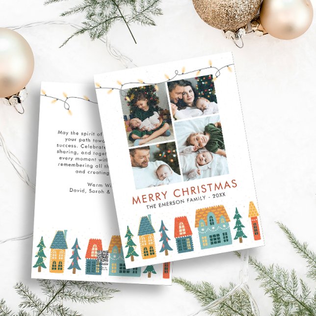 Photo Collage Retro-julkort Julkort (Holiday Retro Houses Family Photo Collage Merry Christmas Holiday Card)