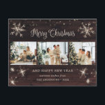 Photo Collage Rustic Wood Snowflake Helg Vykort<br><div class="desc">Rustiskt vykort för foto God jul och Gott nytt år med ett fotokollage med stjärnor,  snöflingor och ett vackert handskrivet Julhälsningar i ett festivt skript. Anpassa enkelt det här helgdag-vykortet för rustiskt trä med foton,  namn och text från familjen.</div>