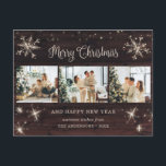 Photo Collage Rustic Wood Snowflake Helg Vykort<br><div class="desc">Rustiskt vykort för foto God jul och Gott nytt år med ett fotokollage med stjärnor,  snöflingor och ett vackert handskrivet Julhälsningar i ett festivt skript. Anpassa enkelt det här helgdag-vykortet för rustiskt trä med foton,  namn och text från familjen.</div>