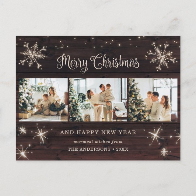 Photo Collage Rustic Wood Snowflake Helg Vykort (Framsida)