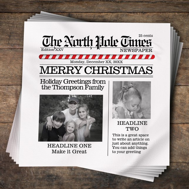 Photo Collage Santa Newspaper julfonny Pappersservett (Merry Christmas cute whimsical newspaper cocktail napkins. )