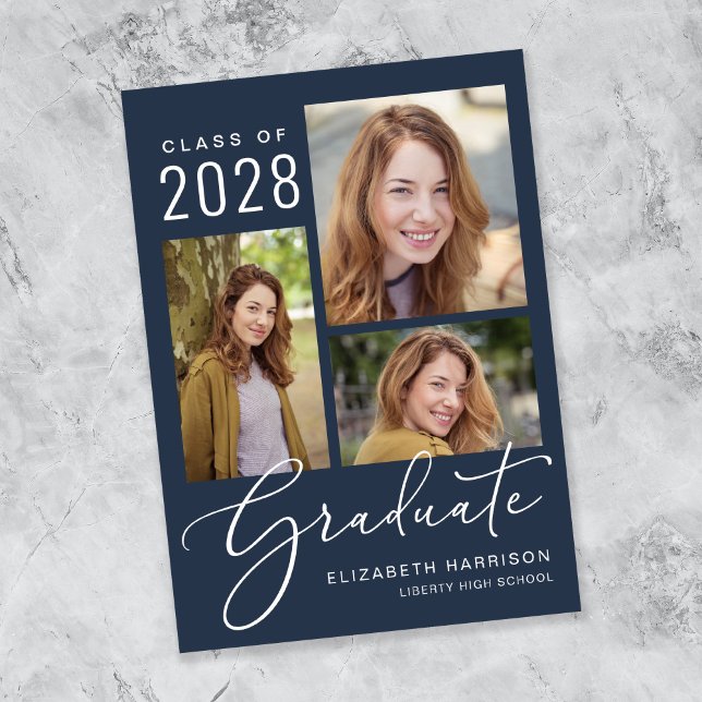 Photo Collage Script Blue Studenten Meddelande (An elegant photo collage graduation announcement to celebrate the graduate's achievements)