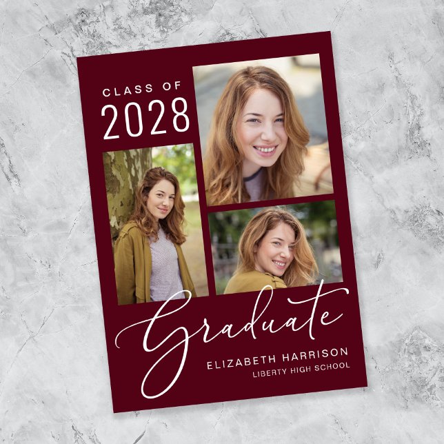 Photo Collage Script Burgundy Studenten Meddelande (An elegant photo collage graduation announcement to celebrate the graduate's achievements)