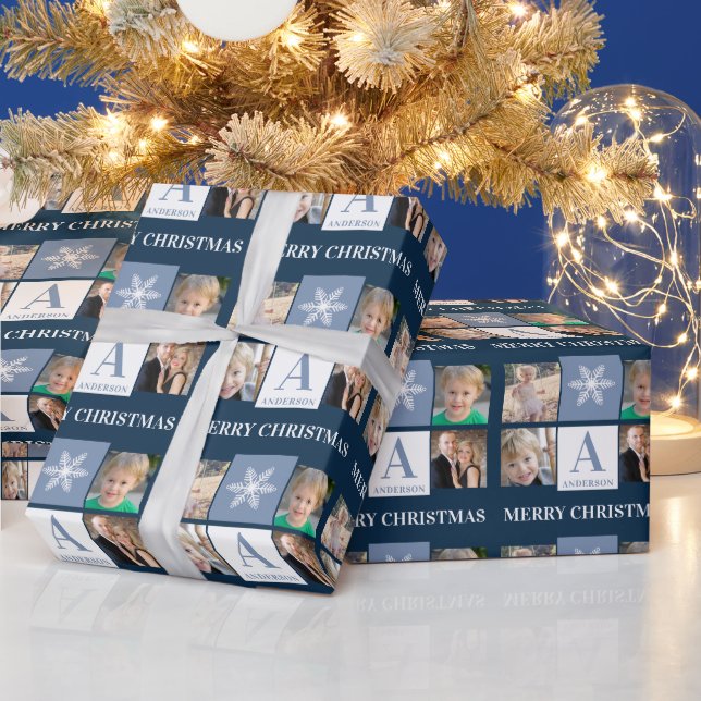 Photo Collage Snowflake Mörk blått Monogram Presentpapper (Helgdagar)