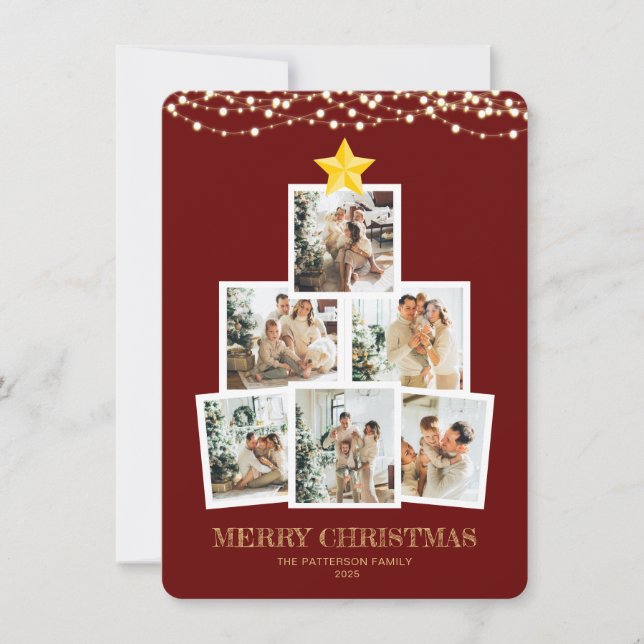 Photo Collage Tree Red String lights Christmas Julkort (Framsida)