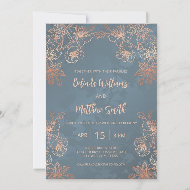 Photo Copper Gold Dusty Blue Wedding Inbjudningar (Framsida)