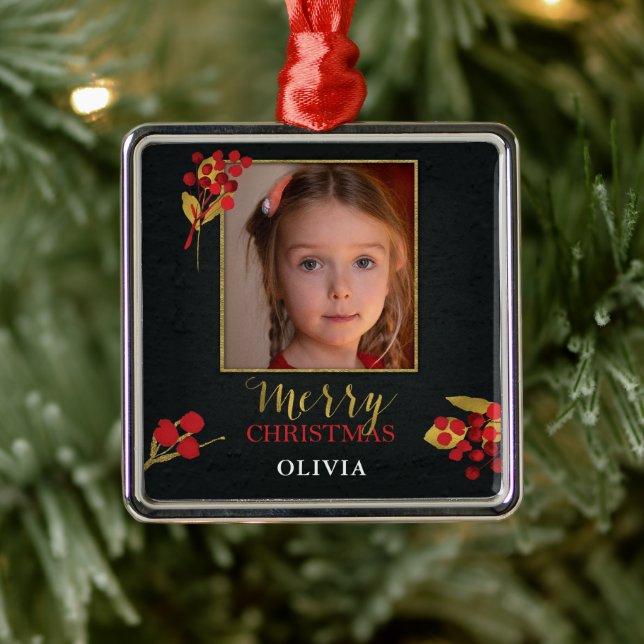Photo Customizable Christmas Card, Black Gold Red Julgransprydnad Metall (Träd)