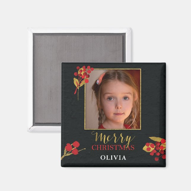 Photo Customizable Christmas Card, Black Gold Red Magnet (Front/Back)