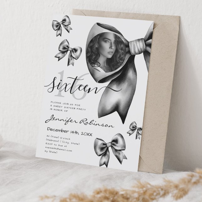 PHOTO Cute Coquette Black Bow Sweet 16 Inbjudningar (PHOTO Cute Coquette Black Bow Sweet 16 Invitation)