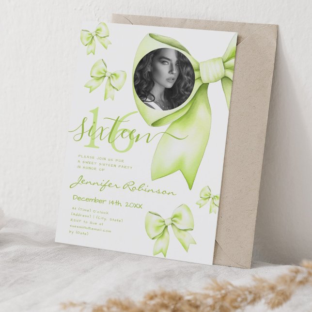 PHOTO Cute Coquette Lime Green Bow Sweet 16 Inbjudningar (PHOTO Cute Coquette Lime Green Bow Sweet 16 Invitation)