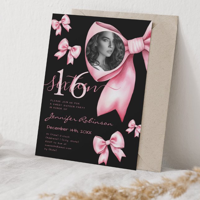 PHOTO Cute Coquette  Rosa Bow Sweet 16 Black Inbjudningar (PHOTO Cute Coquette Blush Pink Bow Sweet 16 Black Invitation)