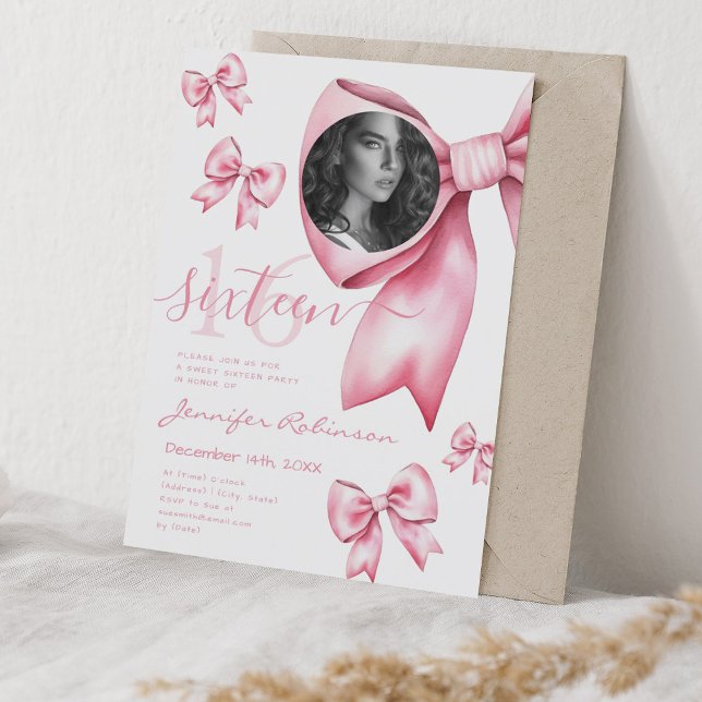 PHOTO Cute Coquette  Rosa Bow Sweet 16 Inbjudningar (PHOTO Cute Coquette Blush Pink Bow Sweet 16 Invitation)