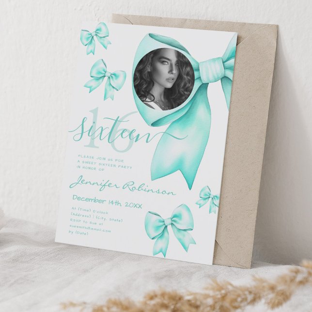 PHOTO Cute Coquette Turcos Bow Sweet 16 Inbjudningar (PHOTO Cute Coquette Turquoise Bow Sweet 16 Invitation)
