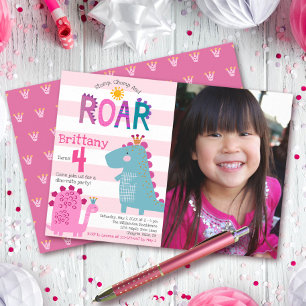 Photo Cute Dinosaur Stomp Chomp Roar Girl Birthday Inbjudningar
