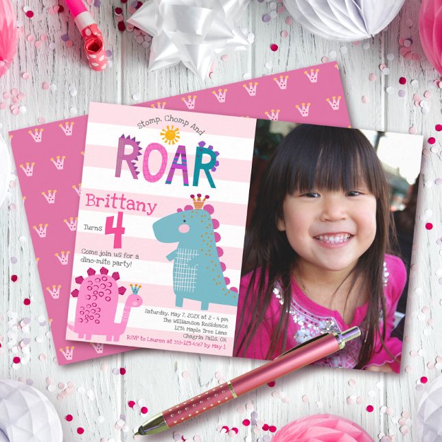 Photo Cute Dinosaur Stomp Chomp Roar Girl Birthday Inbjudningar (Skapare uppladdad)