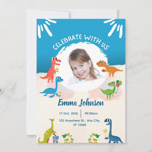 Photo Cute Dinosaurs, För barn Birthday-inbjudan Inbjudningar (Framsida)