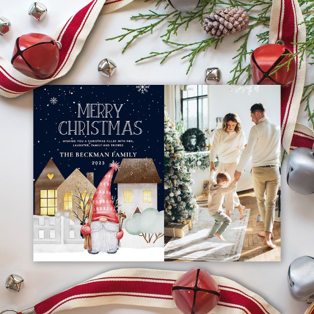 Photo Cute Gnomes Winter Snö God jul Julkort (Photo Cute Gnomes Winter Snow Merry Christmas Holiday Card)