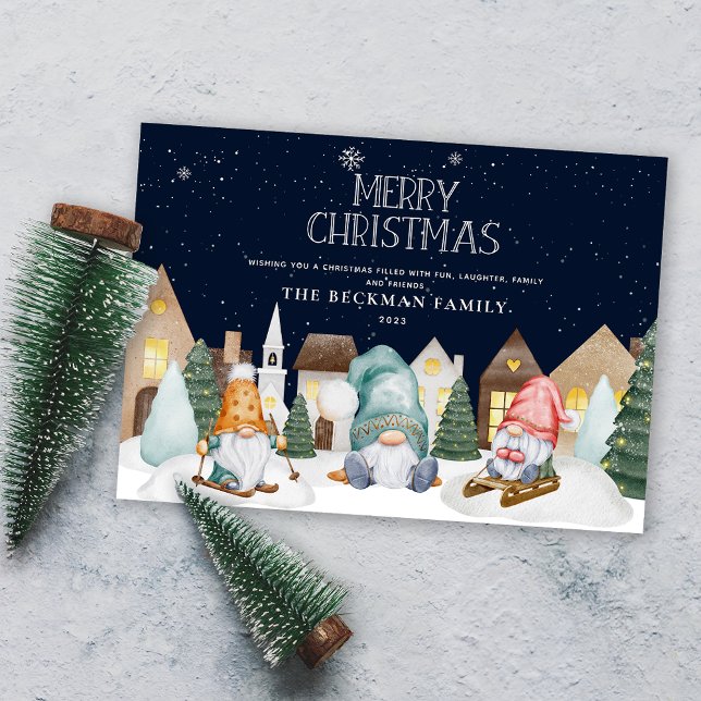 Photo Cute Gnomes Winter Snö God jul Julkort (Photo Cute Gnomes Winter Snow Merry Christmas Holiday Card)