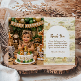 Photo Cute Neutral Safari Animals First Birthday Tack Kort